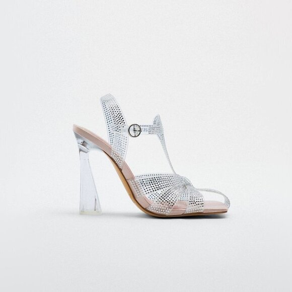 NWT Zara transparent rhinestone embellished vinyl heeled cage strappy sandals - Picture 3 of 15